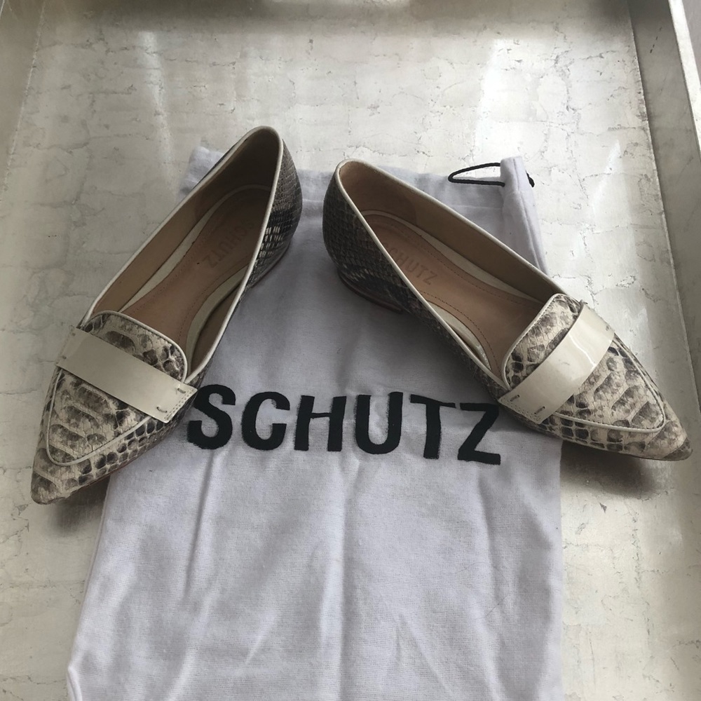 Schutz cream colored snakeskin print leather flats
